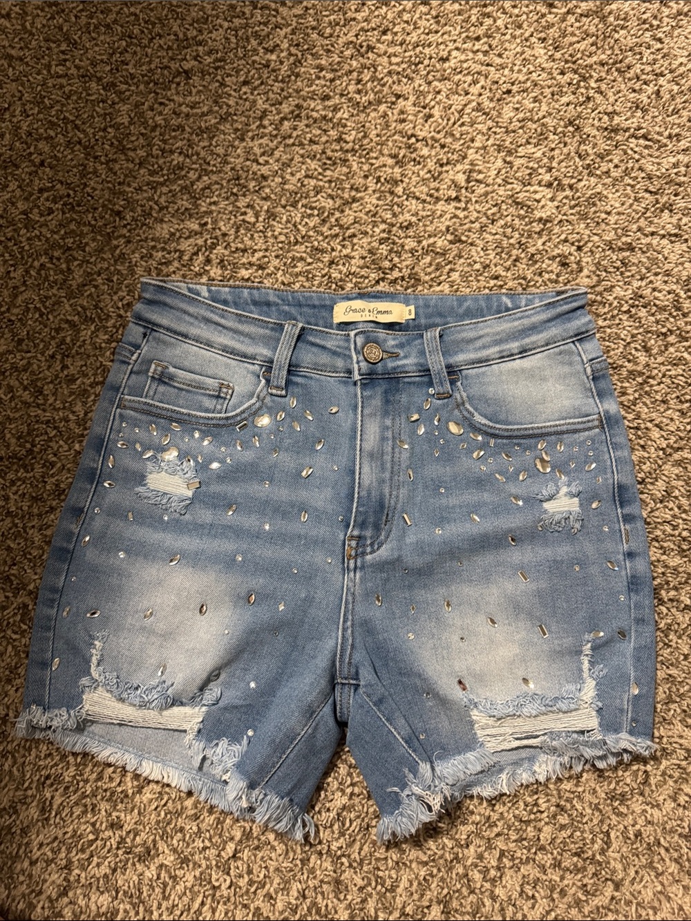 Grace & Emma Rhinestone Distressed Denim Shorts | Size 8
